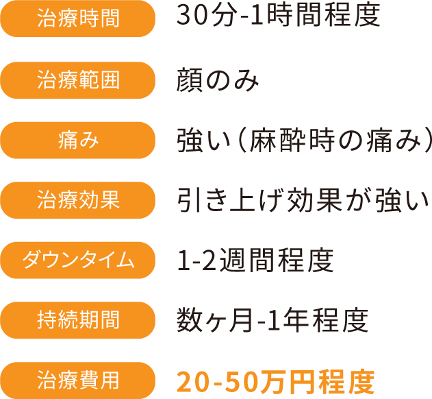 治療時間：30分-1時間程度　治療範囲：顔のみ　痛み：強い（麻酔時の痛み）　治療効果：引き上げ効果が強い　ダウンタイム：1-2週間程度　持続期間：数ヶ月-1年程度　治療費用：20-50万円程度