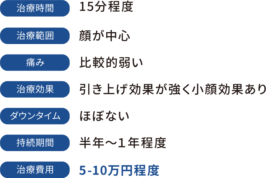 治療時間：15分程度　治療範囲：顔が中心　痛み：比較的弱い　治療効果：引き上げ効果が強く小顔効果あり　ダウンタイム：ほぼない　持続期間：半年〜1年程度　治療費用：5-10万円程度